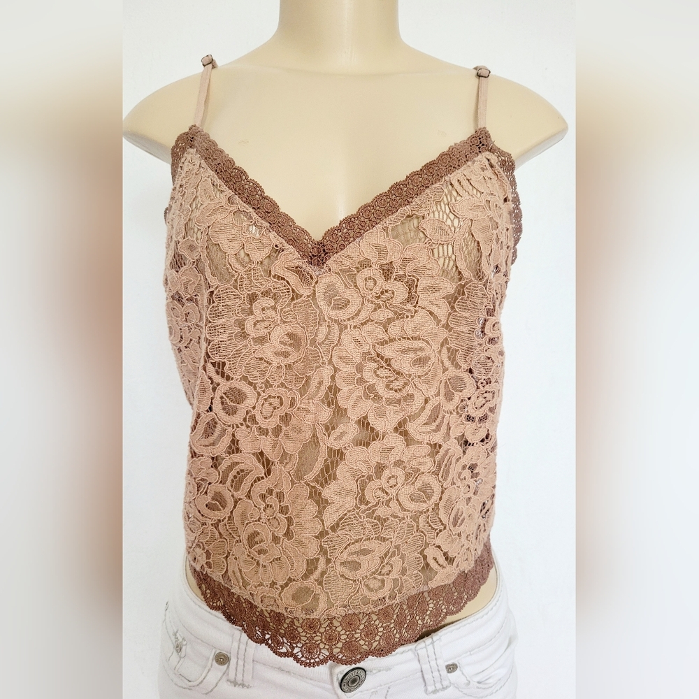 Anthropologie Cotton Blend Tan Lace Cropped Cami Tank Top Medium